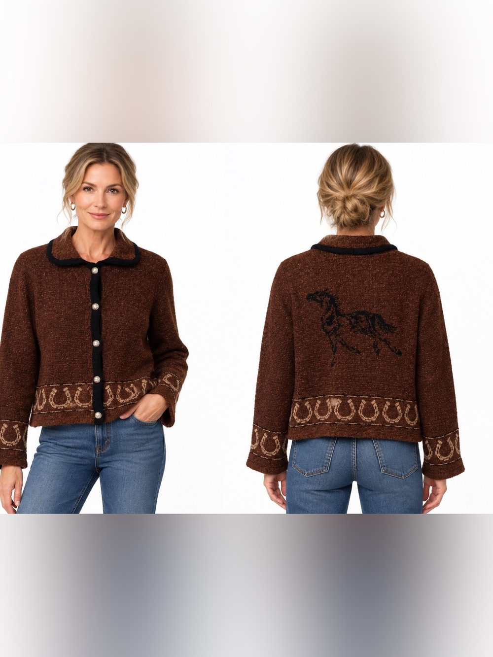 Tsunami Brown Horse Print Sweater Western Equestrian size L
